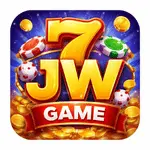 7JW Game app icon with bright 3D text, poker chips, dice, gold coins, and colorful digital gaming theme, mobile-friendly design.