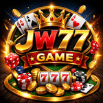 JW77 Game banner, neon casino style, free download, trending in Pakistan.