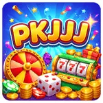 PKJJJ Game banner with bold title on red background, showing Latest Version, Free Download, Top Trending in Pakistan, and Real Entertainment in a modern gaming theme.