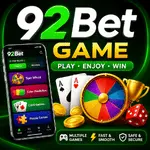 92Bet Game promotional banner showing online casino and sports betting interface with bright lights, chips, and gaming cards.