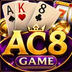 AC8 Game APK promotional banner with red gaming background, Teen Patti cards, slots, free download, and top trending Pakistan design.