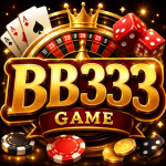 Gold-and-red casino-style promotional graphic featuring bold “BB333 GAME” lettering, surrounded by poker chips, playing cards, dice, and a crown over a roulette wheel in a glossy, high-contrast design.