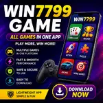 Win7799 Game APK promotional banner with red gaming background, free download text, latest version badge, mobile game icons, and APKearning.com.pk branding.