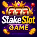 StakeSlot Game logo featuring a golden slot machine with triple 7 symbols, crown, coins, and vibrant purple casino-themed background.